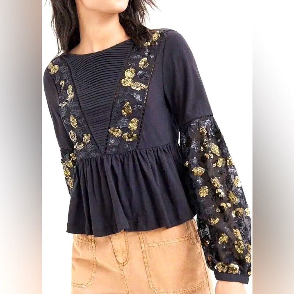 Anthropologie Black/Gold Neale Sequin Peplum Cotton Top Size XS